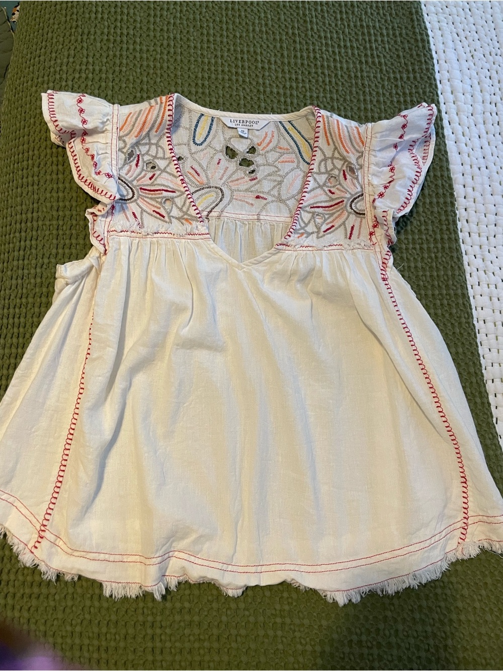 Liverpool Cream Embroidered Eyelet Top with Multicolor Accents